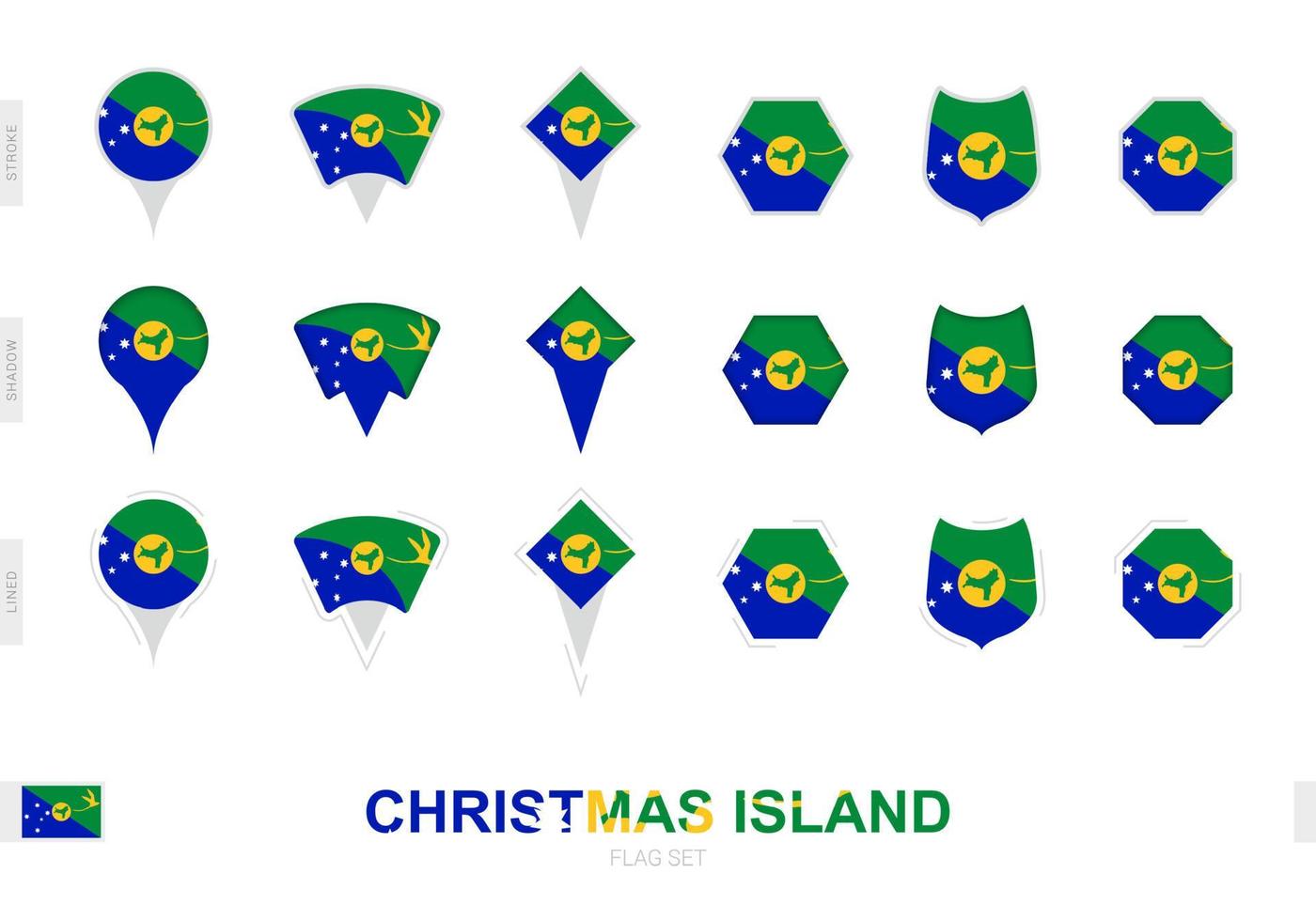 Collection of the Christmas Island flag in different shapes and with three different effects. vector