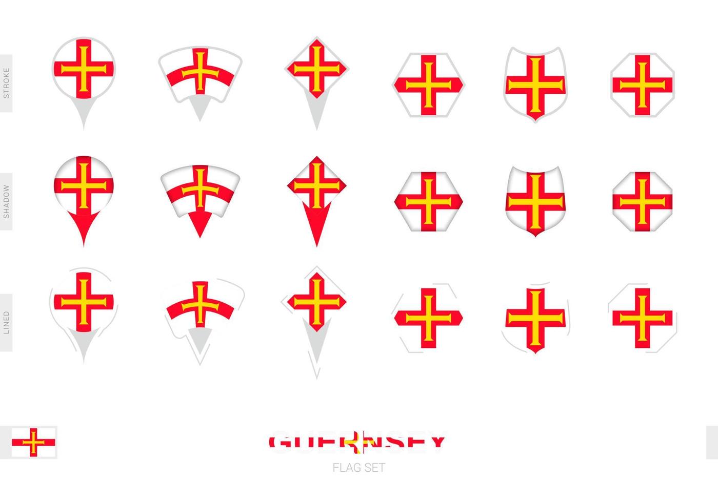 Collection of the Guernsey flag in different shapes and with three different effects. vector