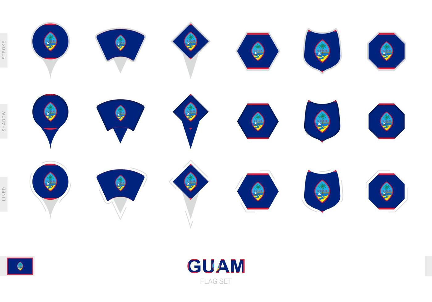 Collection of the Guam flag in different shapes and with three different effects. vector