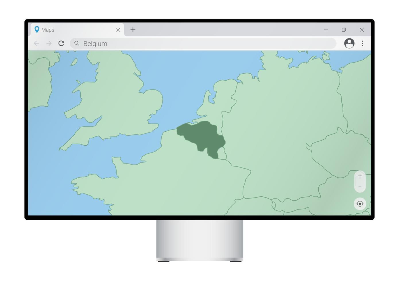 Computer monitor with map of Belgium in browser, search for the country of Belgium on the web mapping program. vector