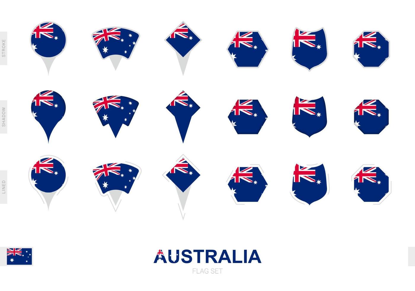 colección de la bandera de australia en diferentes formas y con tres efectos diferentes. vector