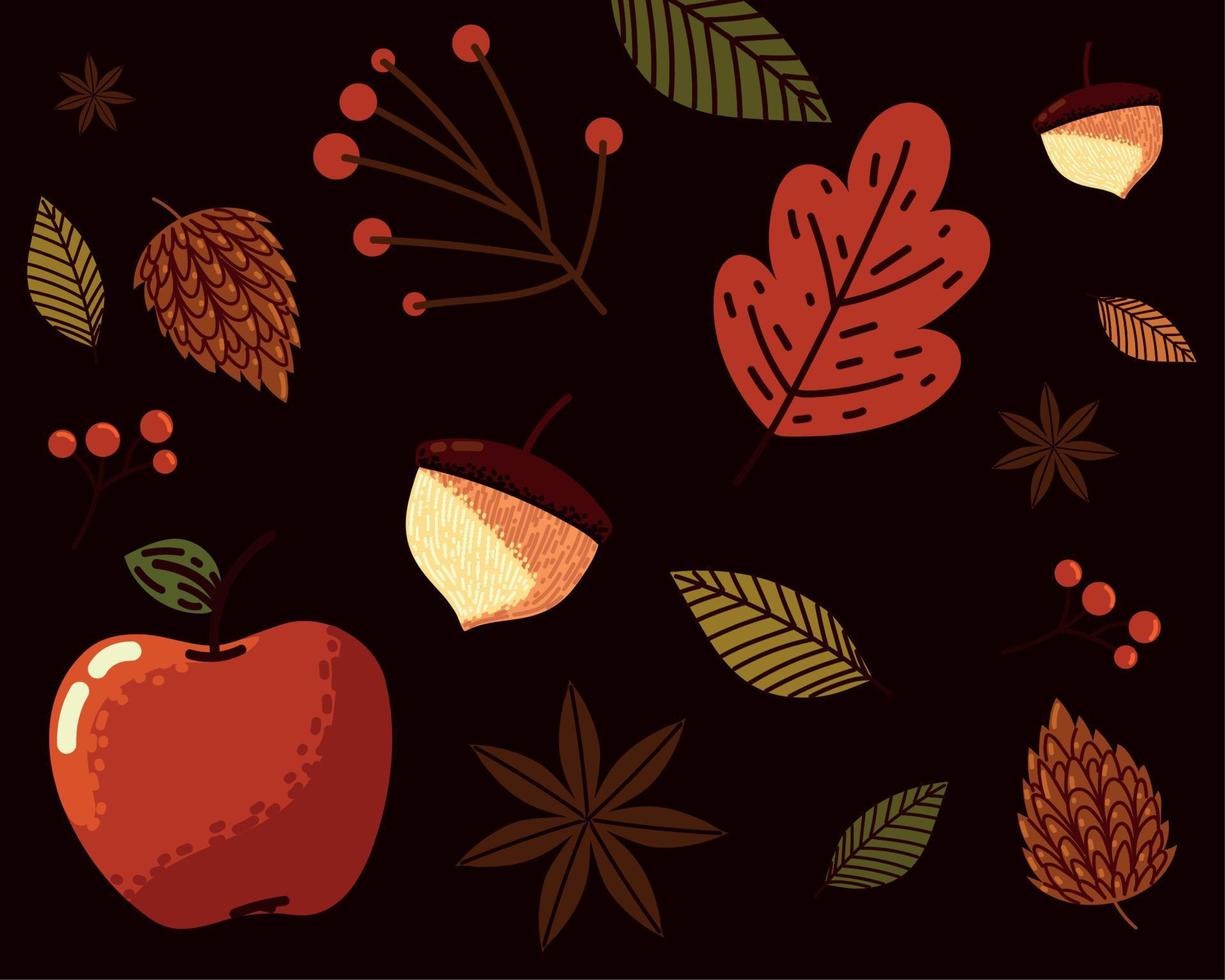 frutas y hojas de acción de gracias vector