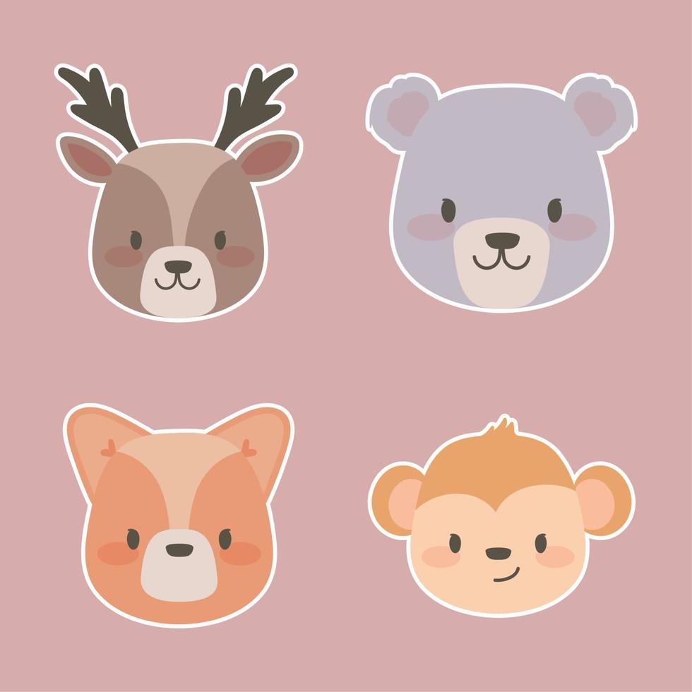 lindos animales caras, iconos vector