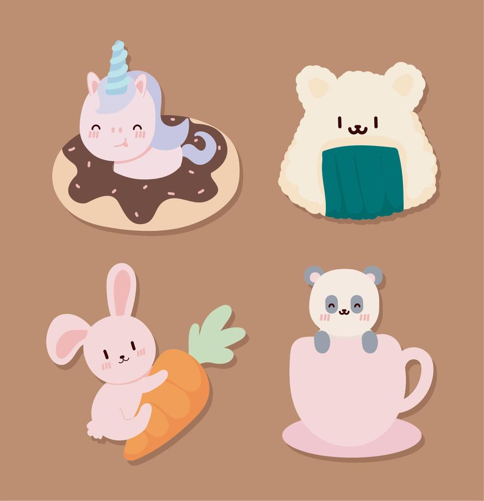 set of kawaii animals and food vector