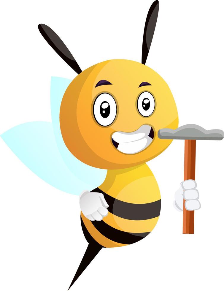 Bee holding a hammer, illustration, vector on white background.