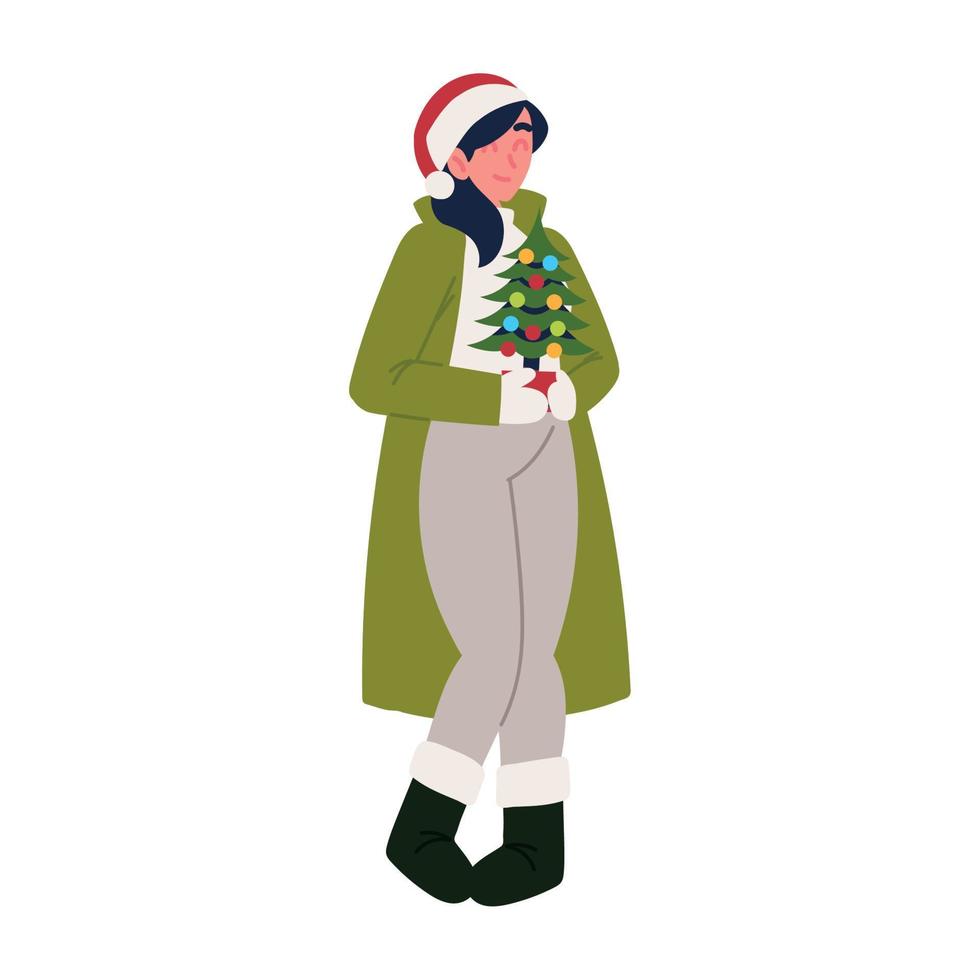 mujer con arbolito de navidad vector