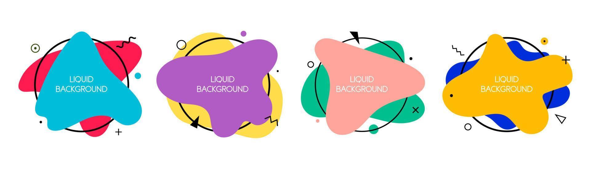 Set of 4 abstract modern graphic liquid elements. Dynamical waves fluid forms in memphis 80s style. Isolated banners with flowing shapes. Template for the design of a logo, flyer or presentation. vector