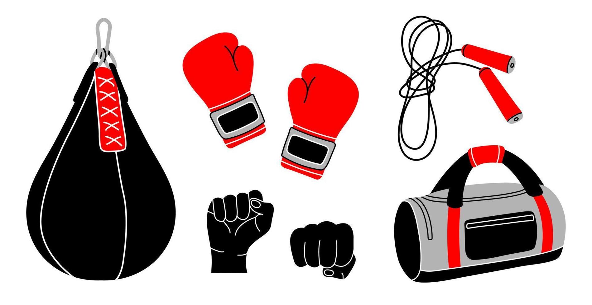 Boxing equipment elements in modern flat line style. Hand drawn sport inventory, mixed martial arts illustrations. Healthy lifestyle. Punching bag, sport bag, jumping rope, fist, boxing gloves vector