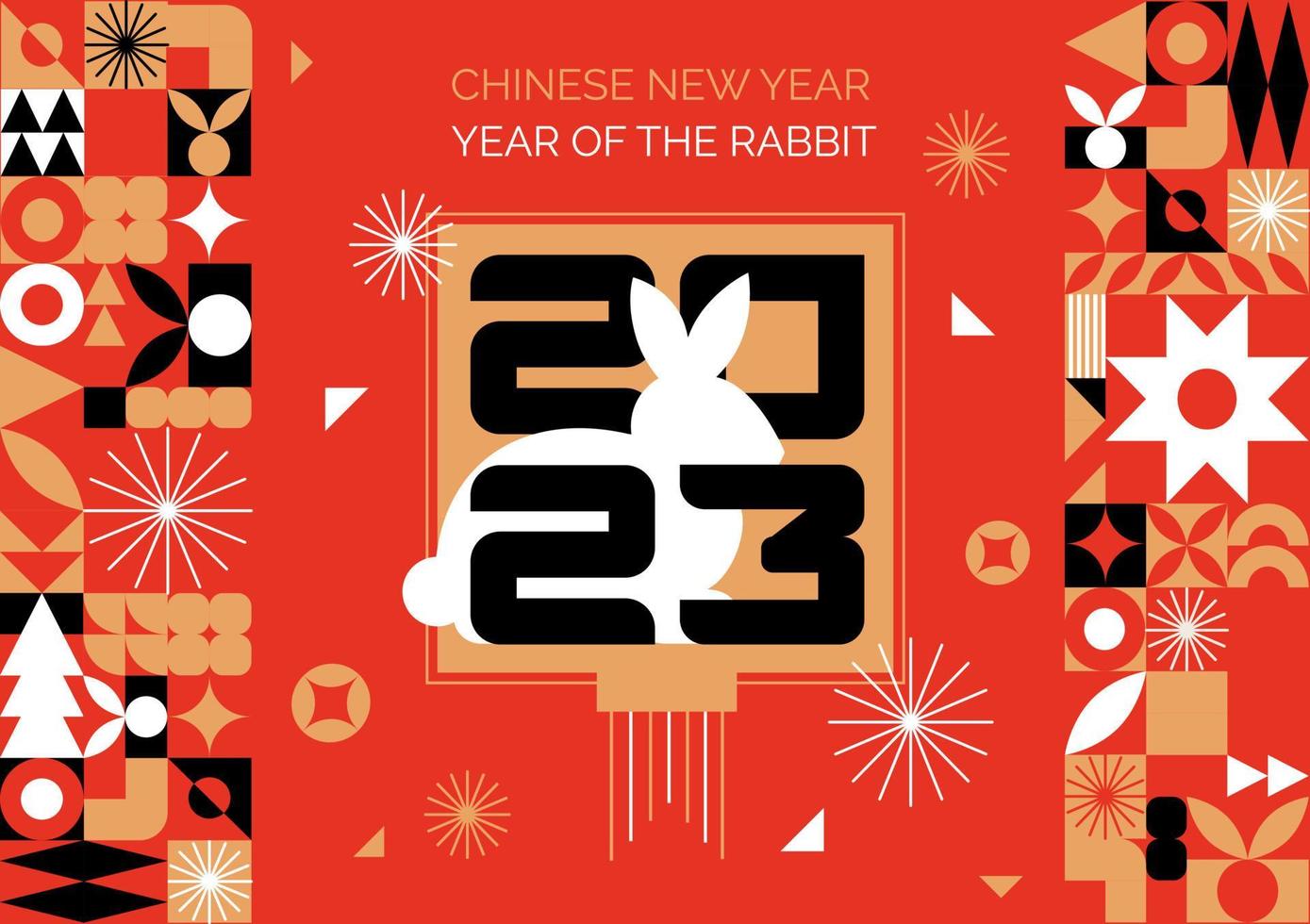 A red poster with a geometric pattern. Happy Chinese Rabbit New Year. Golden Asian Zodiac vector