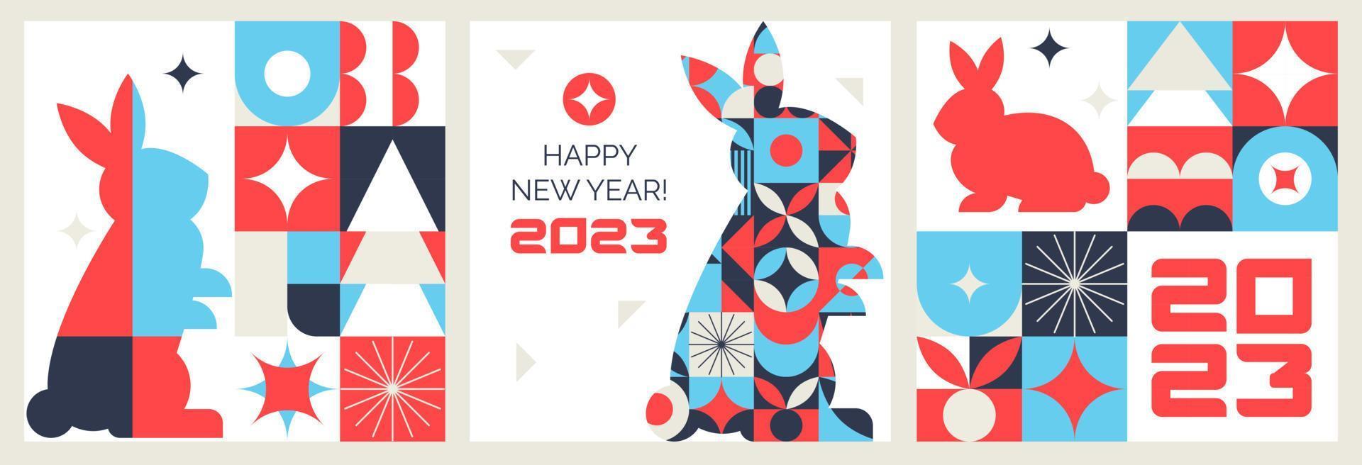 A set of geometric postcards. Happy New Year. The year of the rabbit. The Chinese zodiac. Asian holiday. vector