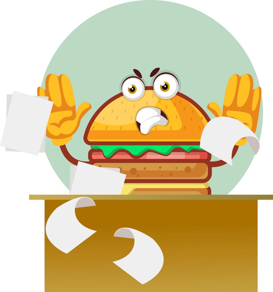 Angry burger is throwing papers off desk, illustration, vector on white background.