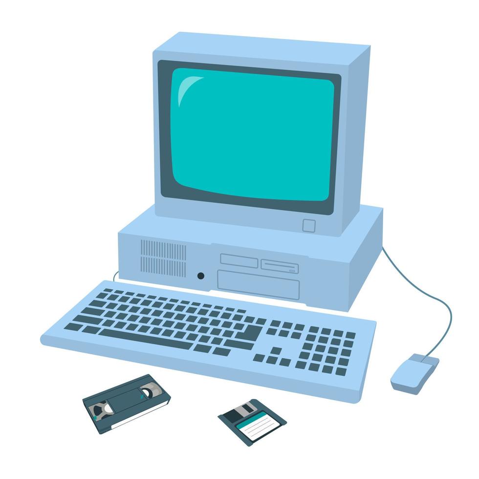 Vintage retro computer monitorwith a floppy disk and videotape lying nearby . Y2K concept . Vector illustration