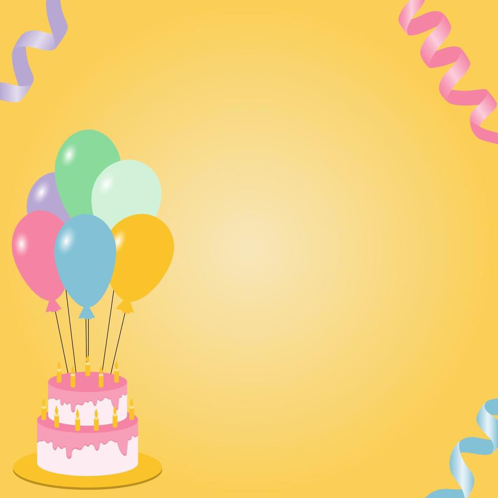 Vector illustration. Happy birthday card with balloons, cake and streamer.eps