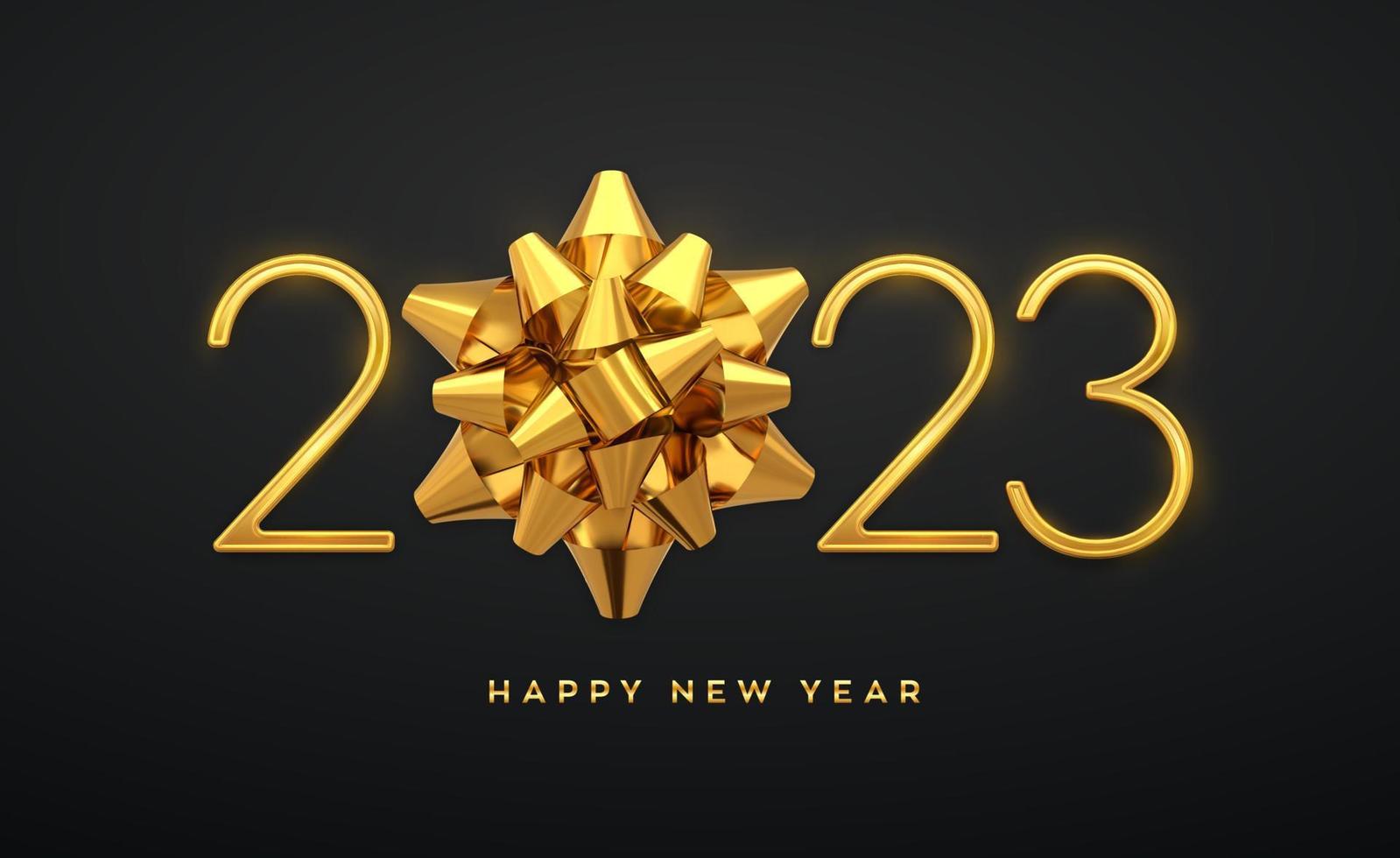 Happy New 2023 Year. Golden metallic luxury numbers 2023 with golden gift bow. Realistic sign for greeting card. Festive poster or holiday banner design. Vector illustration.