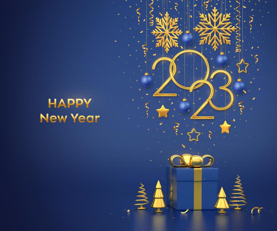 Happy New 2023 Year. Hanging golden metallic numbers 2023 with snowflakes, stars and balls on blue background. Gift box and golden metallic pine or fir, cone shape spruce trees. Vector illustration.