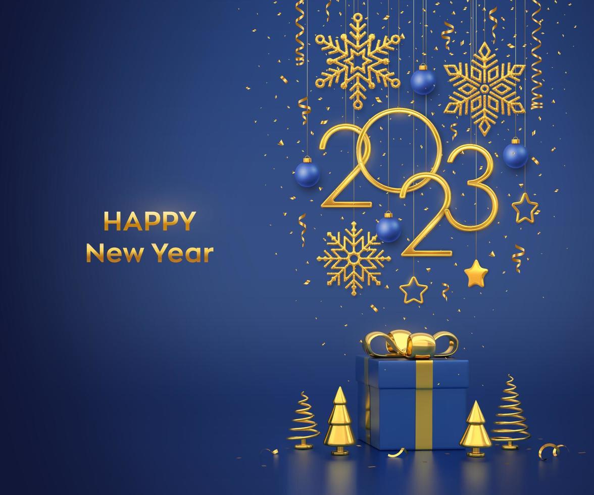 Happy New 2023 Year. Hanging golden metallic numbers 2023 with snowflakes, stars and balls on blue background. Gift box and golden metallic pine or fir, cone shape spruce trees. Vector illustration.