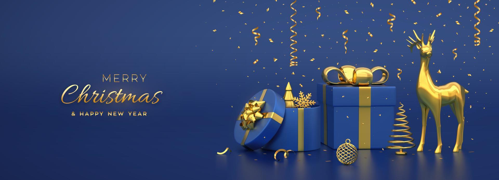 pancarta de navidad composición de cajas de regalo con lazo dorado ciervo dorado y pino metálico dorado, abetos. árboles de año nuevo, bolas. fondo de navidad, tarjeta de felicitación, encabezado. ilustración vectorial 3d. vector