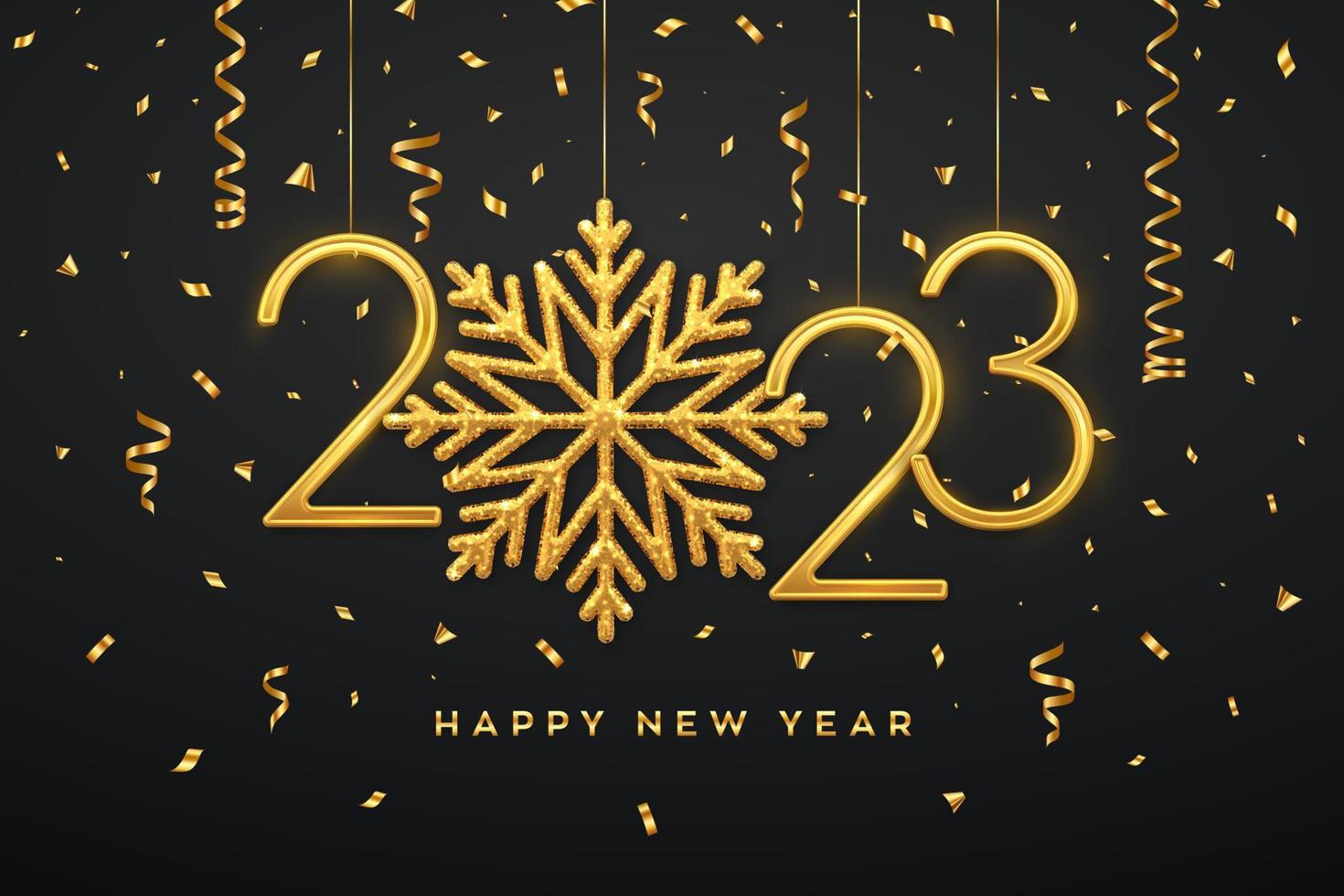 Happy New 2023 Year. Hanging Golden metallic numbers 2023 with shining snowflake and confetti on black background. New Year greeting card or banner template. Holiday decoration. Vector illustration.