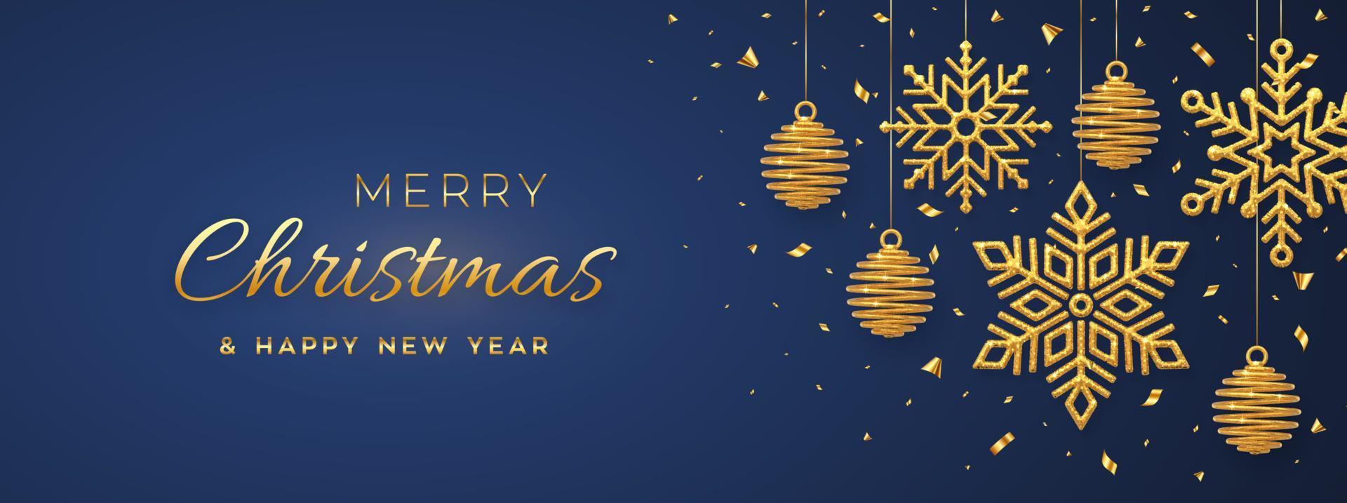 Fondo azul de Navidad con bolas y copos de nieve dorados que cuelgan brillantes. feliz navidad tarjeta de felicitación. cartel de vacaciones de navidad y año nuevo, banner web. ilustración vectorial. vector