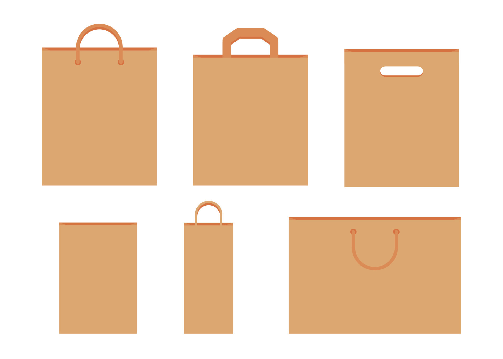 Paper bag with handle template of shopping set. Brown craft paper pack