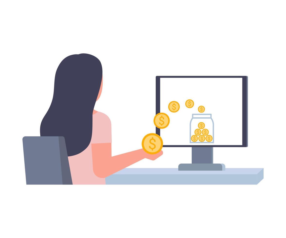 ingresos pasivos, salario de internet, obtener dinero en la computadora. la mujer trabaja y las monedas salen volando de la computadora. ganar dinero fácil. ilustración vectorial vector