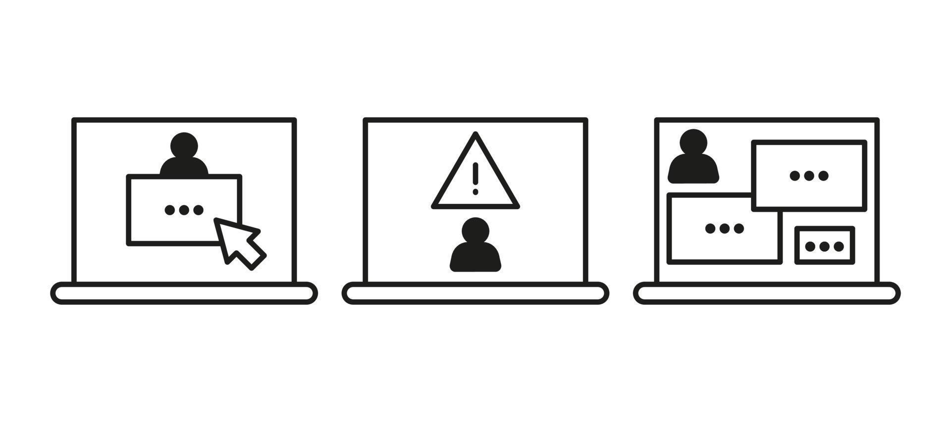 Warning sign on computer, scam of hacker, line icon. Cheating on internet, covert crime swindler. Social media fraud of thief. Danger of stealing personal information. Vector outline illustration