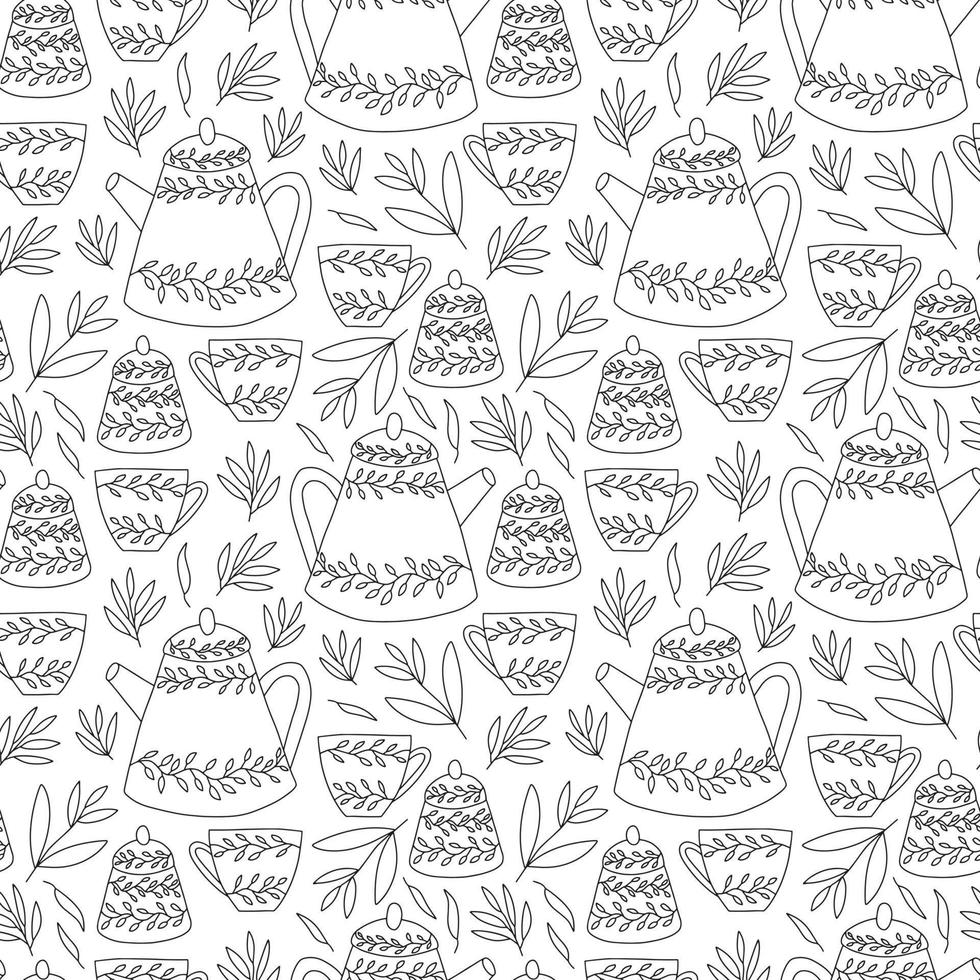 Vector tea collection seamless pattern. Hand drawn teapot and cup with tea doodle pattern