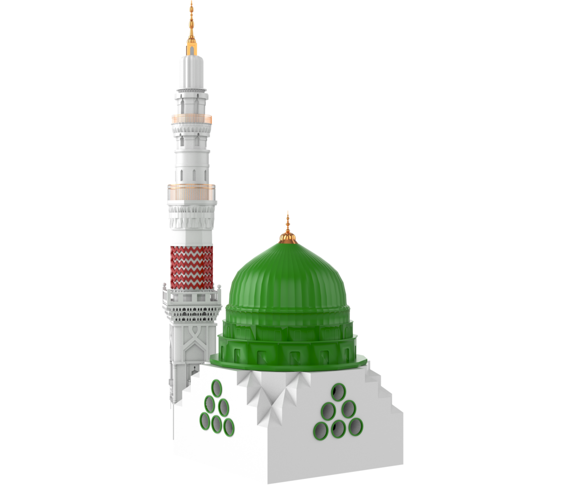 3d render de masjid nabvi madina - arabia saudita 3d ilustración png con fondo transparente