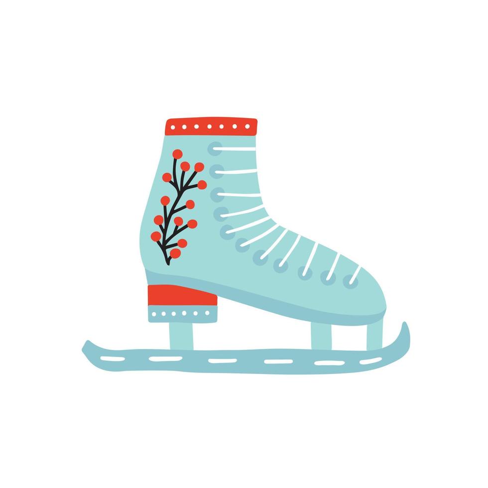 Vector ice skates Christmas illustration. Flat winter ice skate shoe with berries decor