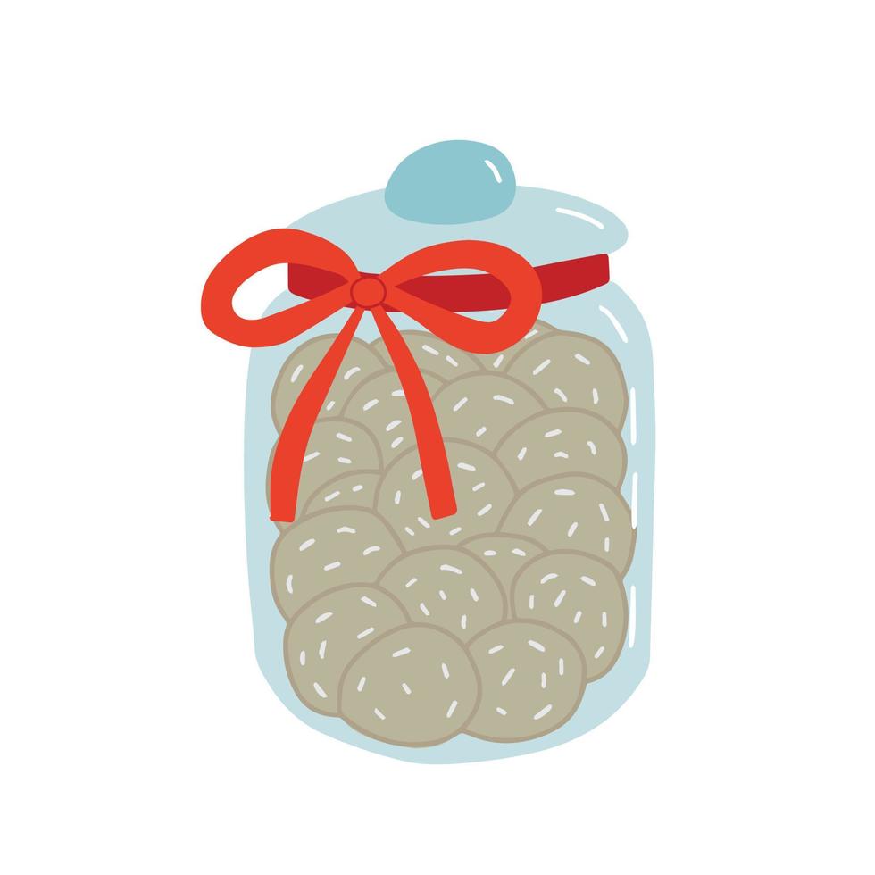 Cute glass jar with cookie and ribbon vector illusstration. Christmas greeting card with cookie in jar