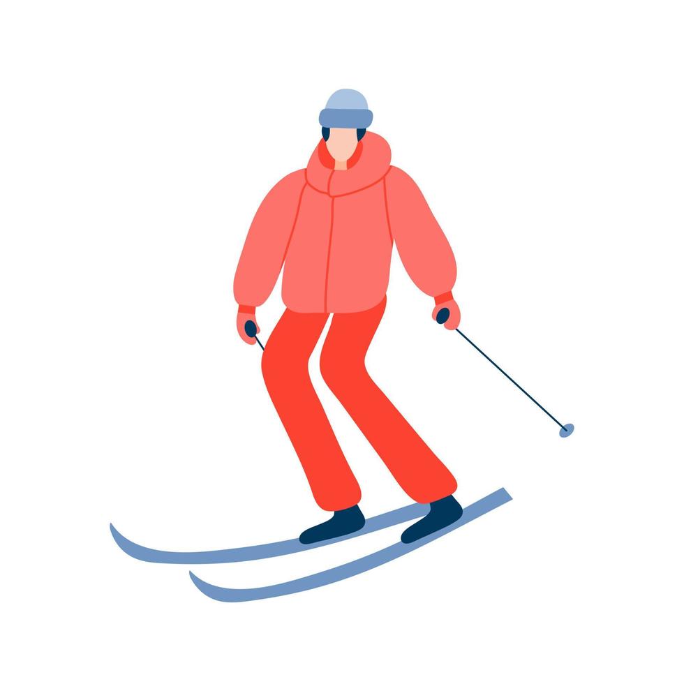 Man skiing in mountains. Vector man in red sport rides on skis. Vector stock illustration.