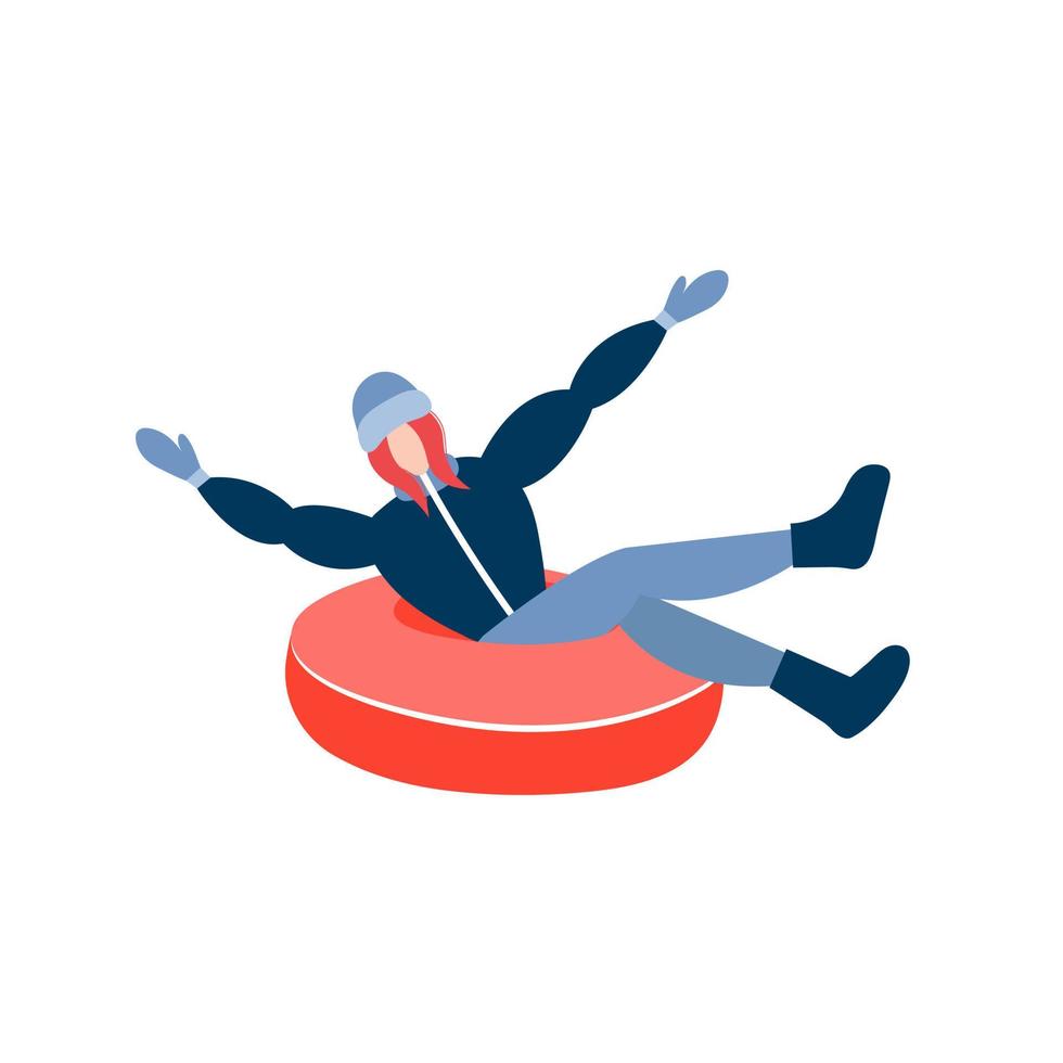 Happy woman riding on snow tubing donut. Cheerful woman sliding down on snow tube and raise hands. Vector stock illustration