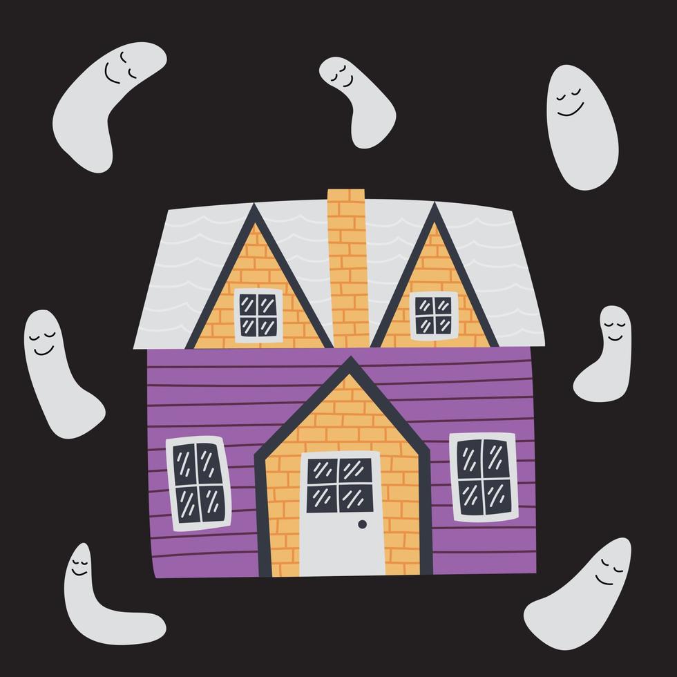 Halloween houses with ghosts vector set. Vector cute country house with different ghosts.