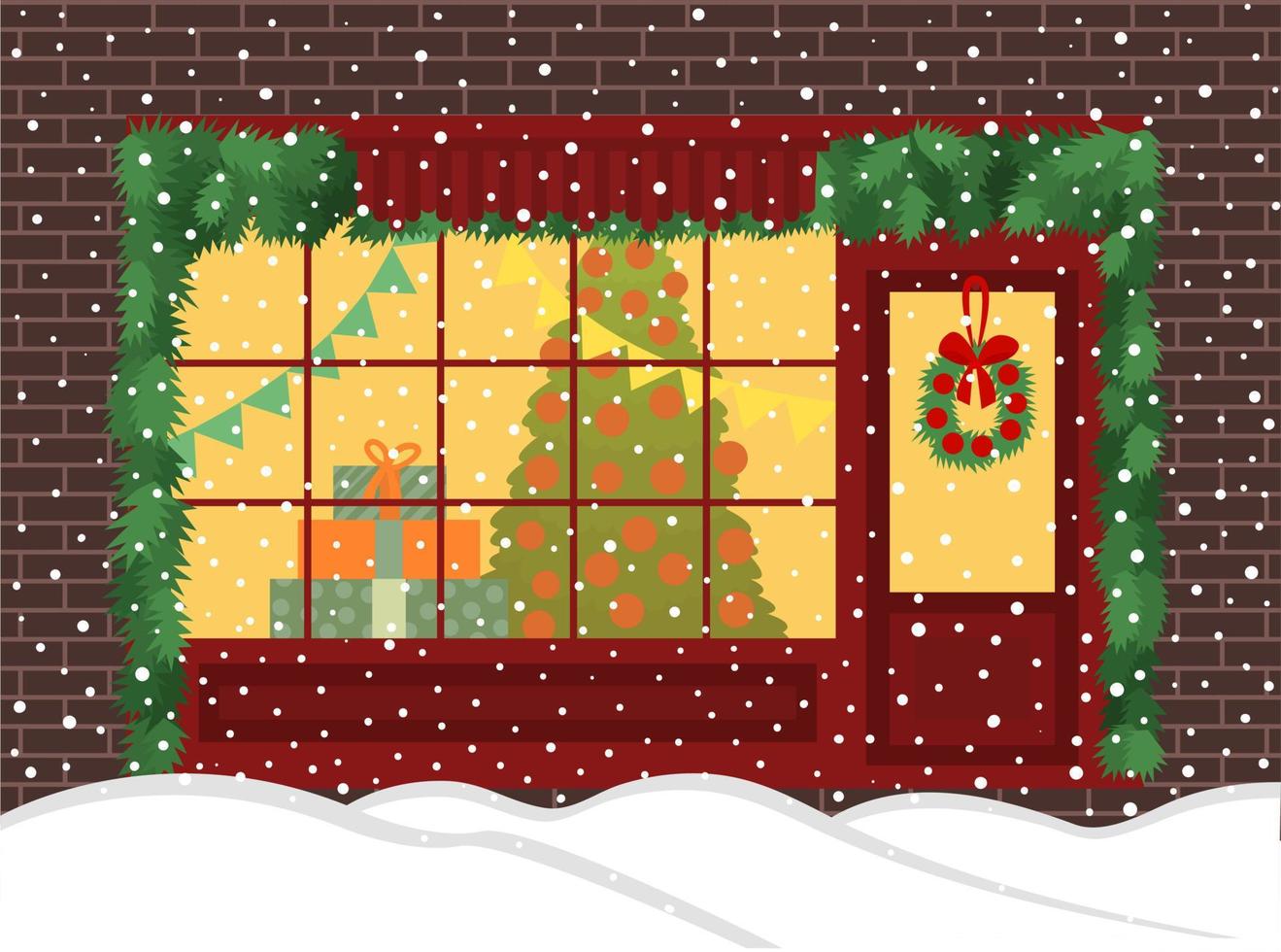 Christmas shop vector illustration. Winter Christmas shop window on street with pine and snow. Cute decor wreath on door. Flat illustration.