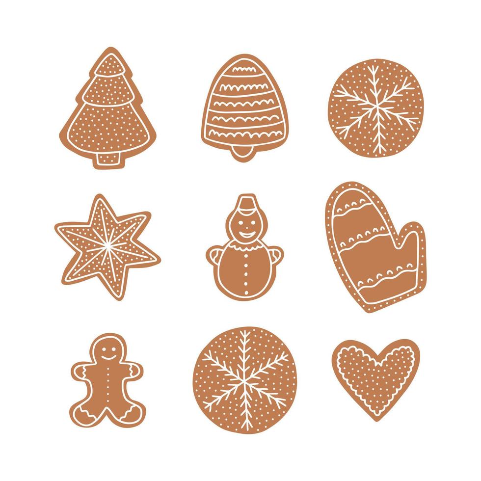 Vector ginger cookie Christmas set. Flat style Christmas cookie in different shape with white icing set,