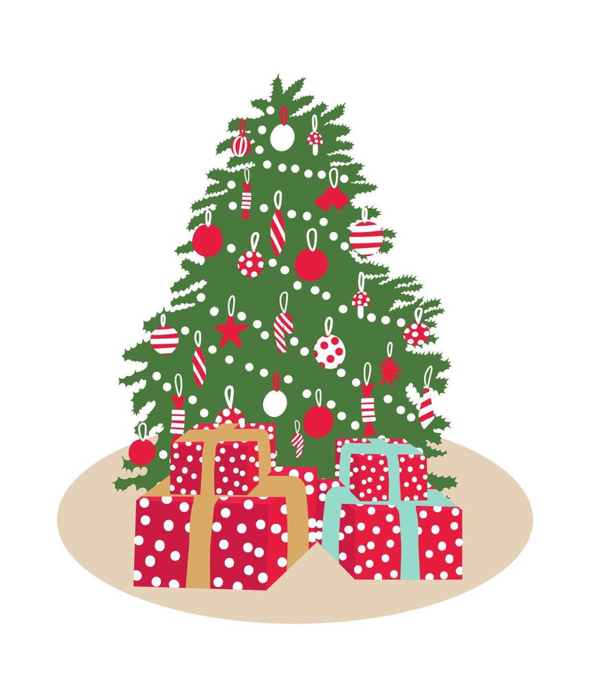 ilustración vectorial del árbol de navidad. árbol de navidad verde con bolas y juguetes, cajas de regalo. vector de tarjeta de felicitación de navidad. ilustración vectorial de dibujos animados.