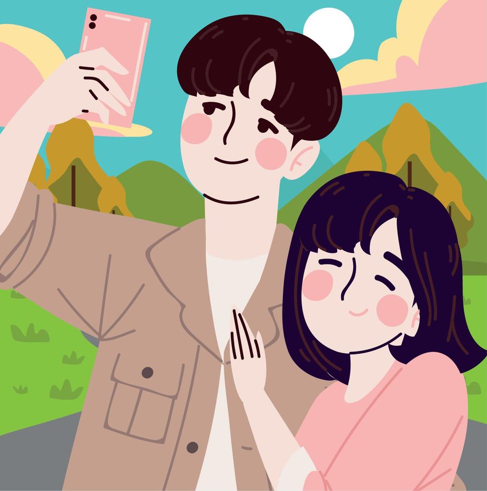 Korean couple using smartphone vector