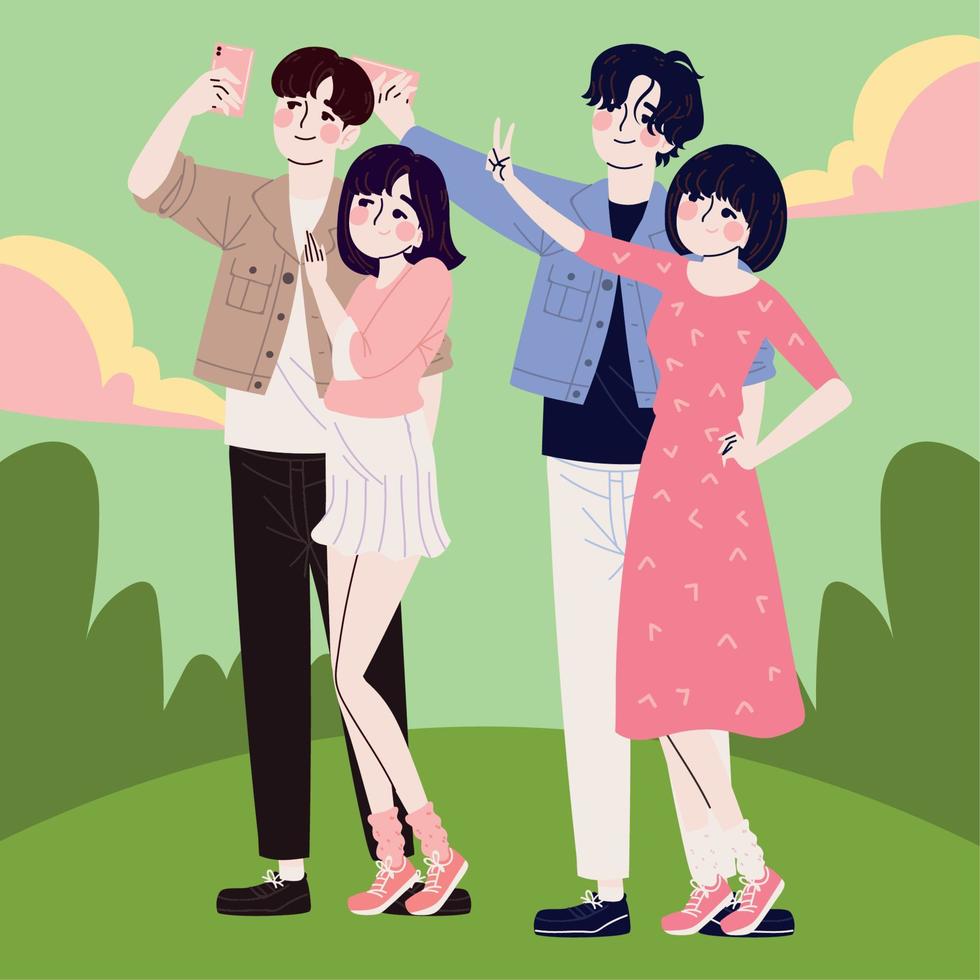 Korean couples with smartphone vector