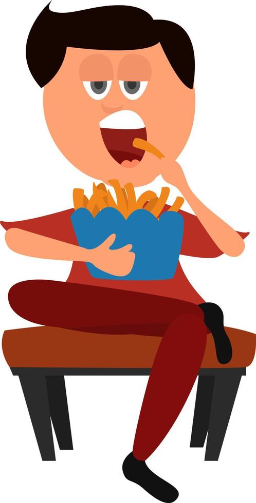 Man eating french fries, illustration, vector on white background