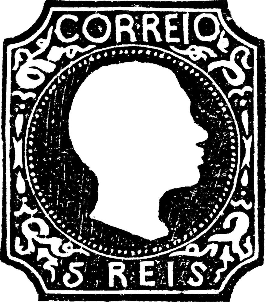 sello portugal 5 reis, 1855, ilustración vintage vector