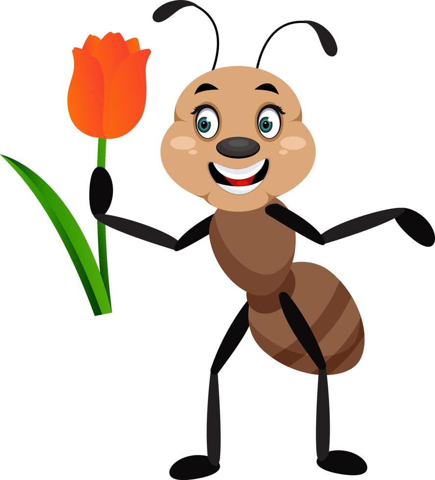 Ant with rose, illustration, vector on white background.