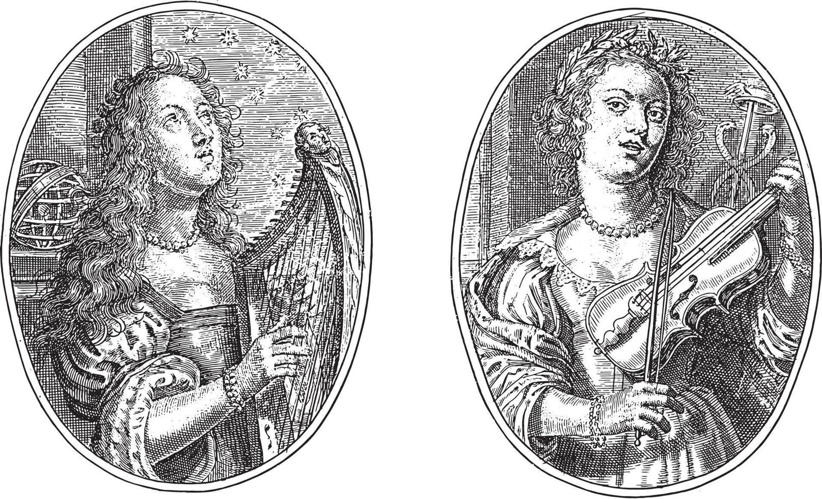 Urania and Polyhymnia, Crispijn van de Passe II, 1640, vintage illustration. vector