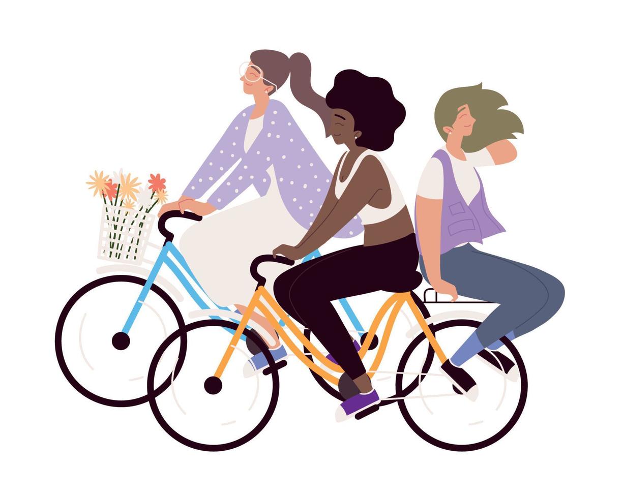 group women riding a bicycles vector