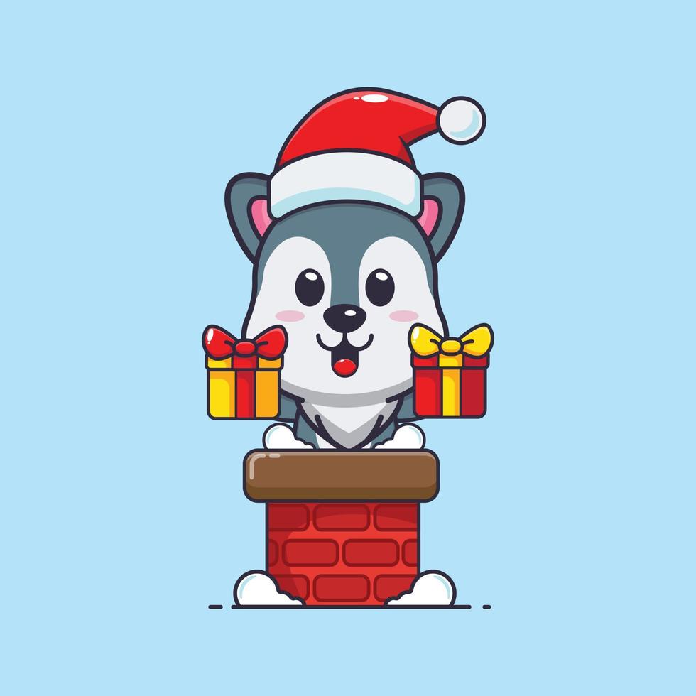 Cute wolf with santa hat in the chimney. Cute christmas cartoon illustration. vector