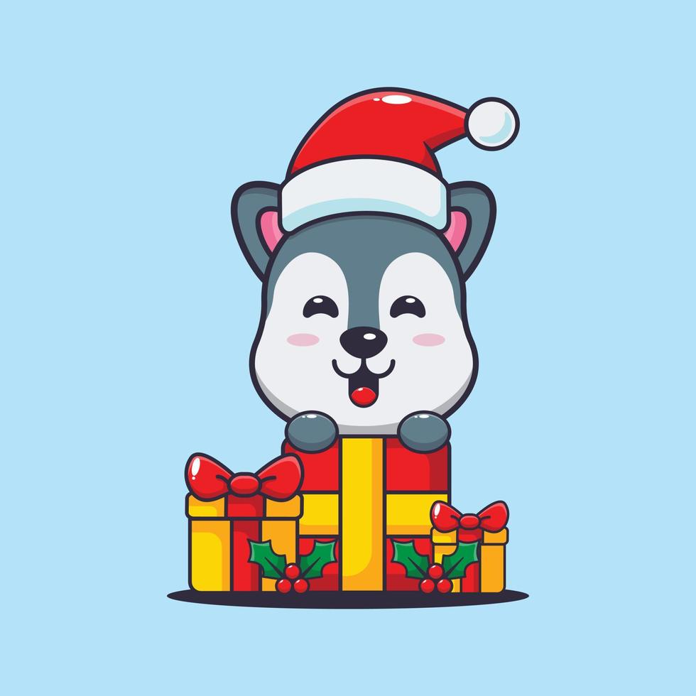 lindo lobo con regalo de navidad. linda ilustración de dibujos animados de navidad. vector