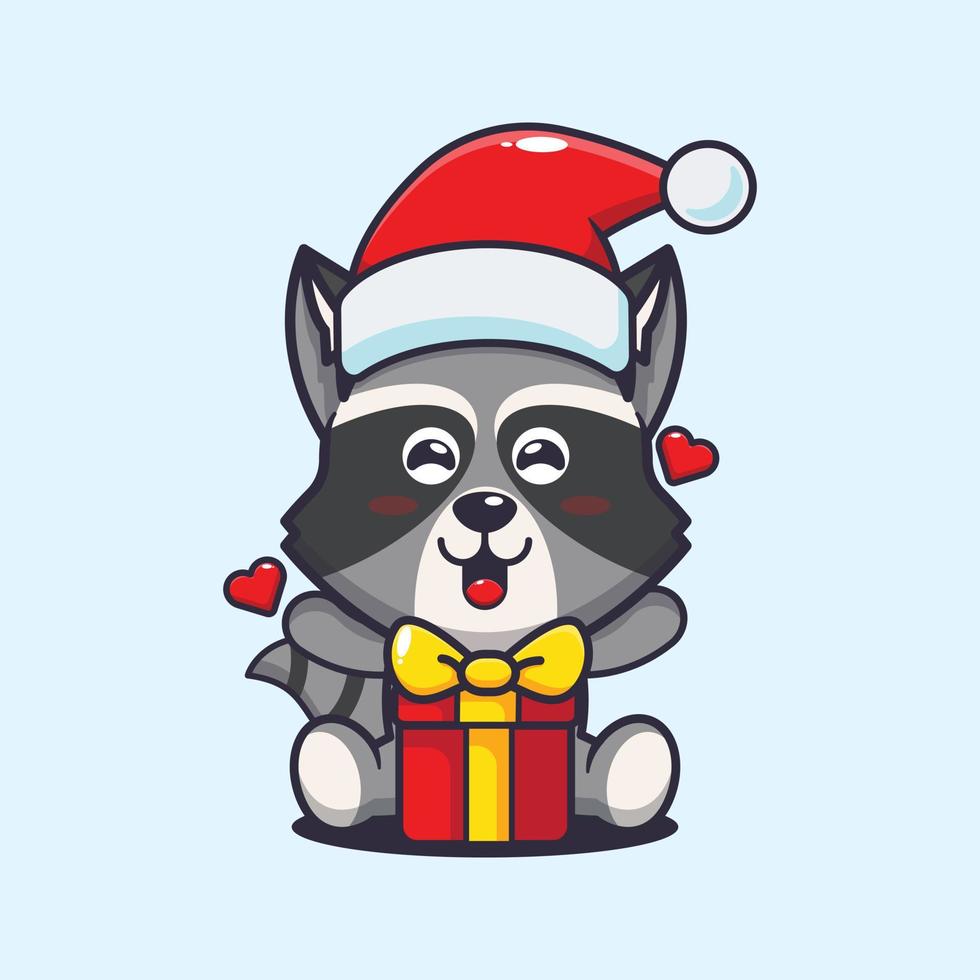 lindo mapache feliz con regalo de navidad. linda ilustración de dibujos animados de navidad. vector