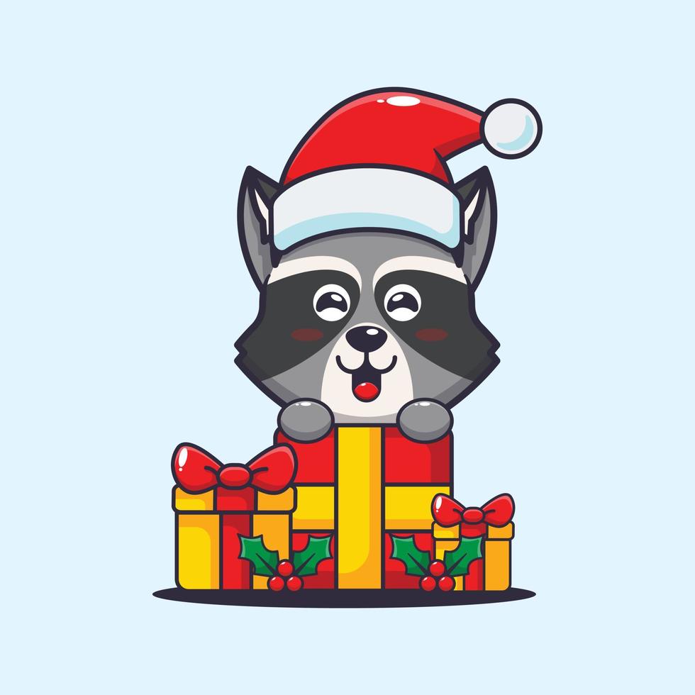 lindo mapache con regalo de navidad. linda ilustración de dibujos animados de navidad. vector