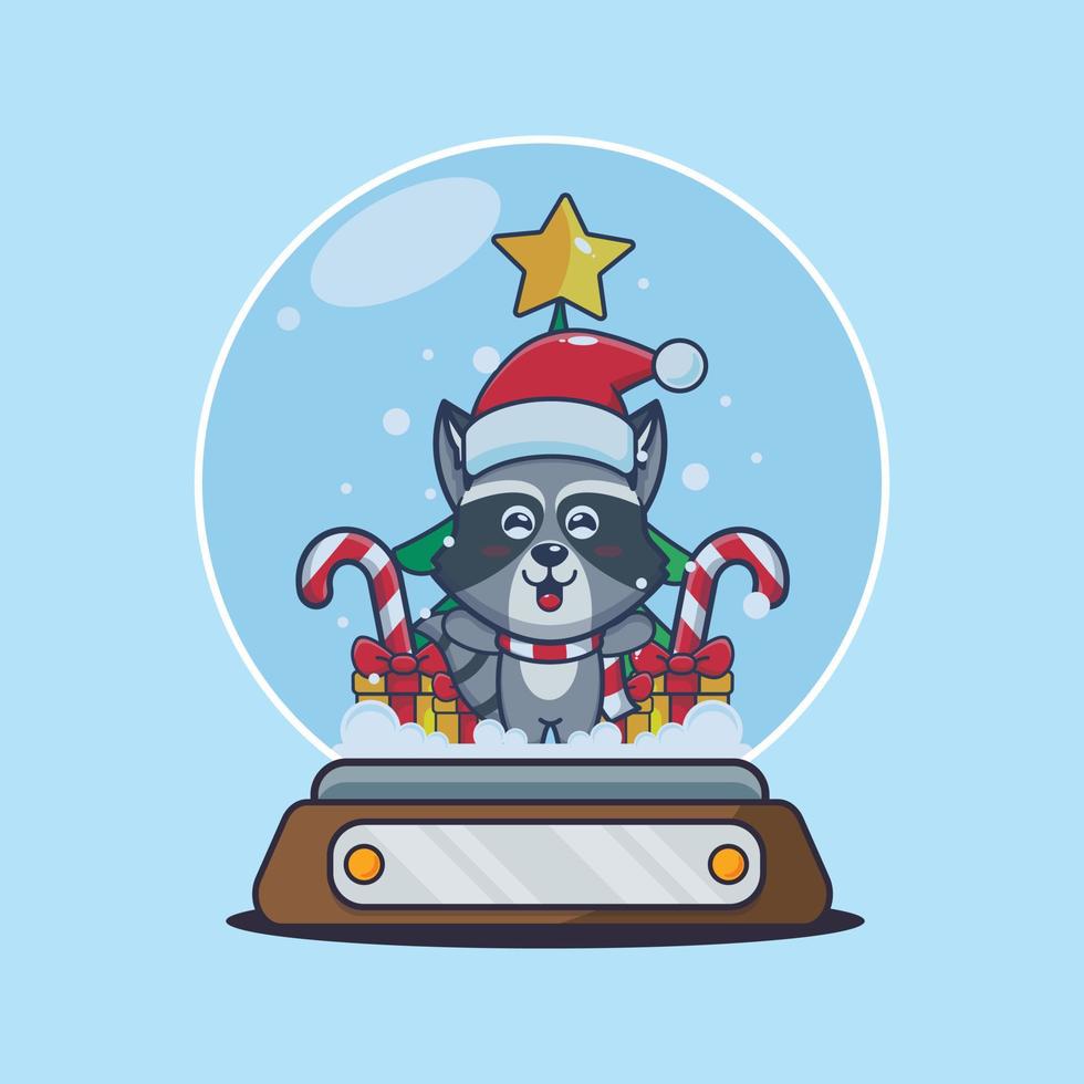 Cute raccoon in snow globe. Cute christmas cartoon illustration. vector