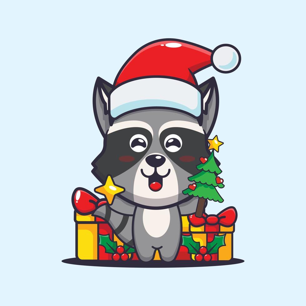 lindo mapache con estrella y árbol de navidad. linda ilustración de dibujos animados de navidad. vector