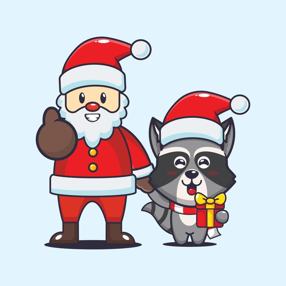 Cute raccoon with santa claus. Cute christmas cartoon illustration. vector